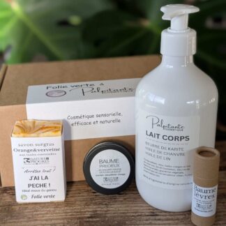 coffret soins naturels : lait corps, savon, baume visage et baume lèvres