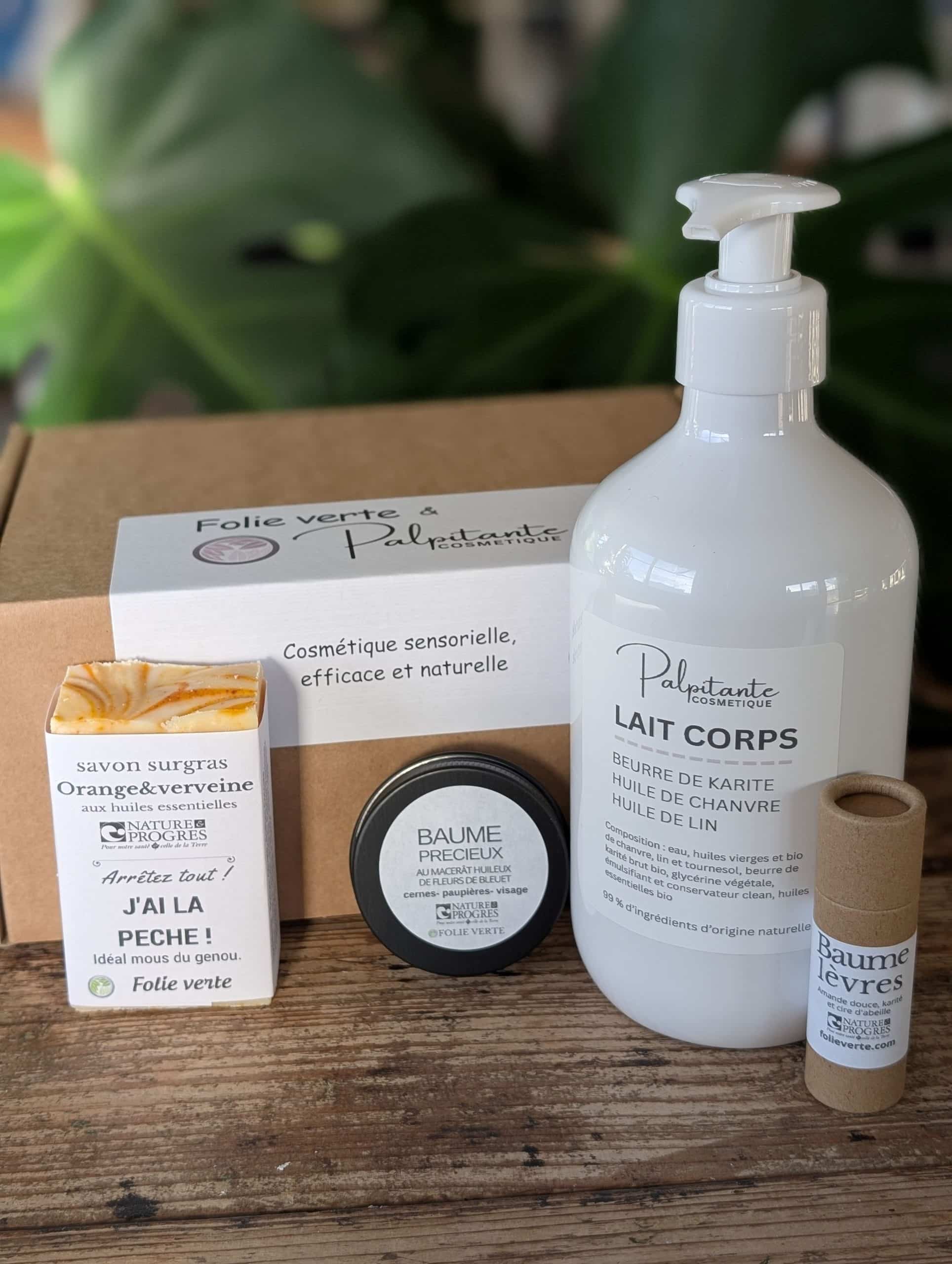 coffret soins naturels : lait corps, savon, baume visage et baume lèvres