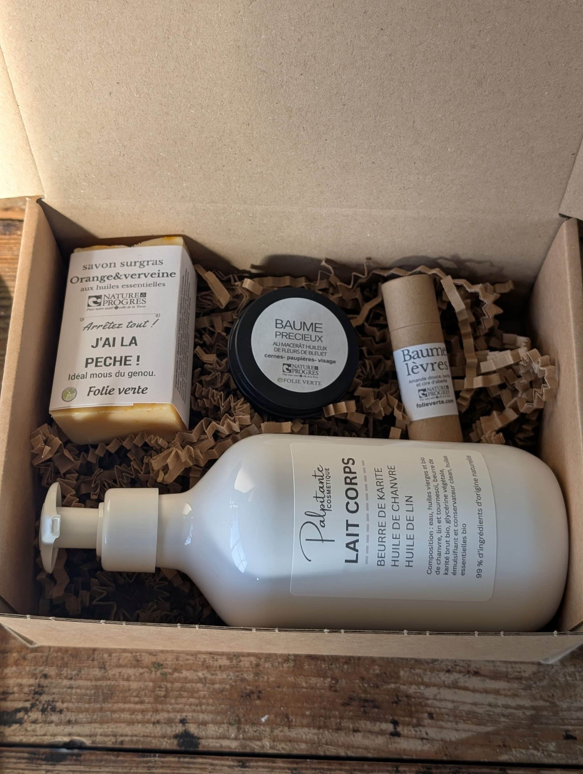 coffret soins naturels : lait corps, savon, baume visage et baume lèvres